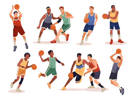 Basketball players. Athletes with ball in different poses, men handling, defense and offense, professional sport male players in uniform with orange ball, tidy vector cartoon flat setのイラスト素材