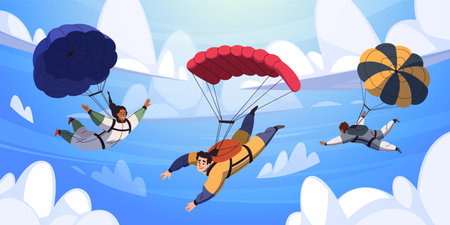 Parachutists in sky. Cartoon flat style drawing skydivers characters, people flying, free fall, extreme danger sport, team plane jumping, man and woman skydivers, tidy vector conceptのイラスト素材