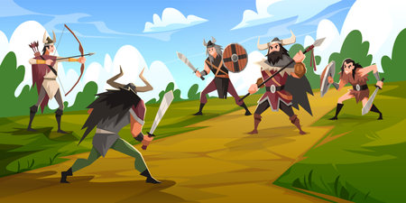 Vikings battle. Armed barbarians clash, scandinavian warriors with weapons and wooden traditional shield, cartoon medieval folk characters in animal skins, scandi people, tidy vector conceptのイラスト素材