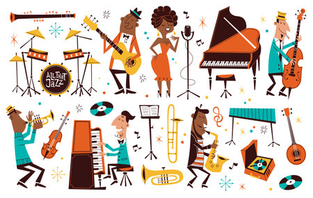 Cartoon jazz music. Cute professional musicians with instruments, comic funny characters, orchestra performance, singer, saxophonist and pianist, drums guitar and flute, tidy vector setのイラスト素材