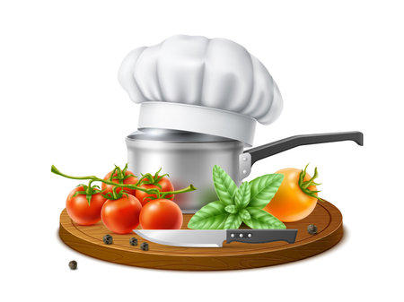 Realistic chef hat composition. Cooking cap with vegetables, herbs and tomatoes, basil on cutting board, cooking process, saucepan and kitchen knife. 3d isolated elements utter vector conceptのイラスト素材