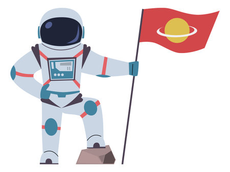Astronaut stand with flag. Cosmos exploration. Planet discoveryのイラスト素材