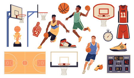 Basketball elements. Cartoon sport objects and group of players in uniforms and sneakers, playing field, ball, basket and electronic scoreboard, professional championship, tidy vector setのイラスト素材