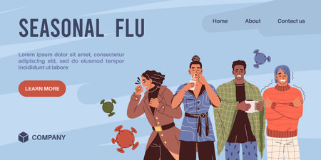 Seasonal flu poster. Stop virus banner, sick people with cold symptoms, drinking hot tea, coughing and trembling, landing page template, tidy vector cartoon flat isolated conceptのイラスト素材
