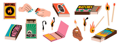 Cartoon flaming matches. Human hands light matchsticks, strike spark about box, packaging and...