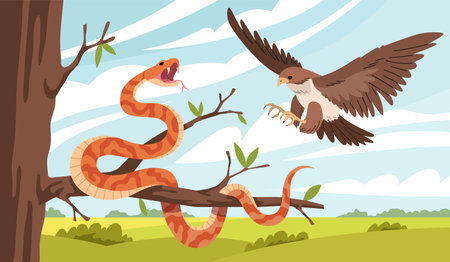 Cartoon snake nature. Eagle attacks snake on tree branch, natural habitat, suitable living conditions, venomous reptile, isolated flat characters, tropical wildlife tidy vector conceptのイラスト素材