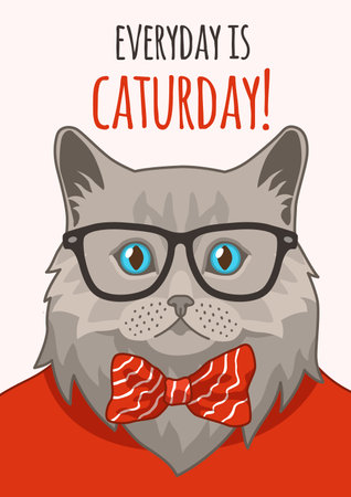 Cat poster. Cute smart pet in glasses, animal stylish portrait and lettering, comic adorable kitty card or t-shirt print, notebook cover, cartoon flat character, vector illustrationのイラスト素材