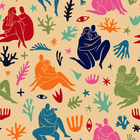 Matisse style plants and human bodies seamless pattern. Colored lovers hugging couples with smooth abstract shapes, minimal print. Decor textile, wrapping paper, tidy vector backgroundのイラスト素材