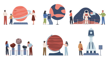 Planetarium people. Curious visitors to astronomy museum, space objects, rocket model, spacesuit and mock-ups of planets, men women and kids education, nowaday vector cartoon flat setのイラスト素材