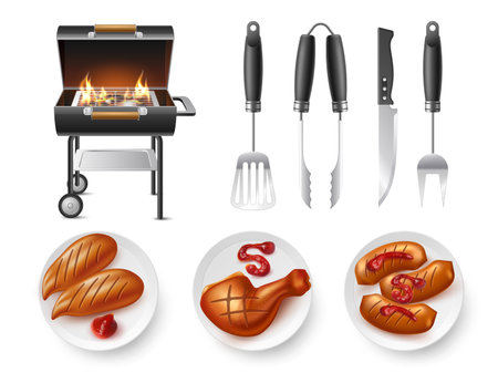 Realistic barbecue grill elements. Outdoor cooking device, smoldering coals, special metal tools, meat cooked on fire, chicken and sausages with ketchup, knife and utensils utter vector setのイラスト素材