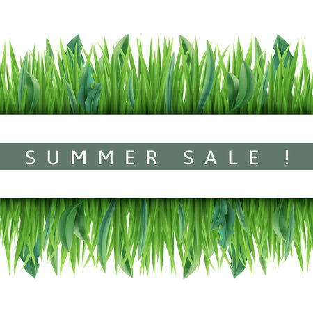 Realistic green grass frame. Fresh lawn and leaves borders, 3d isolated plants strips, botanical decorative summer sale banner template, garden botany. Meadow flora. Utter vector conceptのイラスト素材