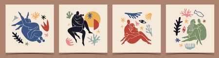 Matisse style posters. Hugging couples, intimate poses, smooth streamlined lines, plant elements, romantic bodies positions, minimal cards and prints, interior wall art tidy vector setのイラスト素材