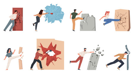 People destroying walls. Employees and businessmen overcome obstacles, persons break barriers, glass, concrete and bricks. Men and women cartoon flat style isolated, nowaday vector setのイラスト素材