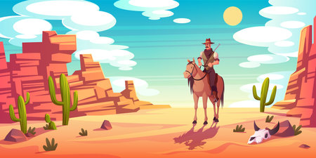 Western background. Cartoon texas cowboy character, horseman at desert canyon, wild west landscape, cow skull, cacti on blue sky backdrop, texas rodeo design element tidy vector conceptのイラスト素材