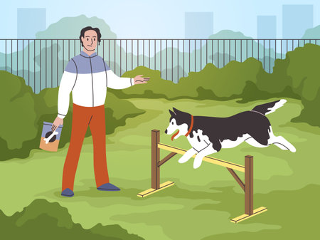 Man train dog. Guy teaches pet to take obstacles, husky with owner outdoor, animal sport activities on playground, executing commands, cartoon flat characters, tidy vector conceptのイラスト素材