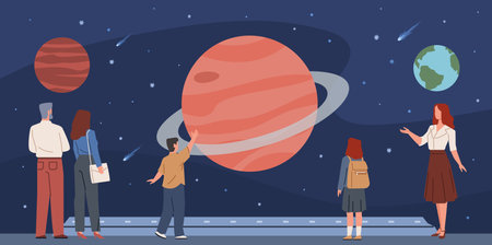 People at astronomy museum. Excursion for adults and children, visitors view starry sky projection, men women and kids in planetarium, cartoon flat characters, nowaday vector conceptのイラスト素材