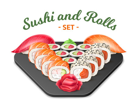 Realistic sushi and rolls. Japanese food composition, serving cold snacks, nori algae with boiled rice and seafood, salmon, shrimp and caviar, wasabi and pickled ginger, utter vector conceptのイラスト素材