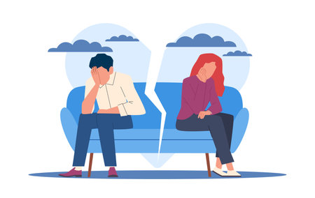 Concept of divorce, couple disagreement, relationship problems. Man and woman sitting on sofa. Wife and husband misunderstanding. Unhappy people. Cartoon flat style characters. Vector conceptのイラスト素材