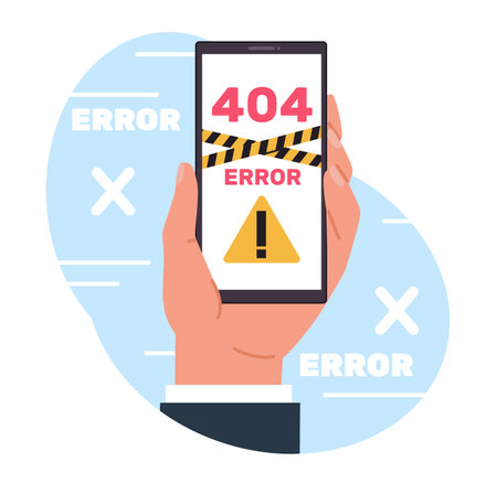 Concept of error 404, page not found, no connection to Internet. Hand hold smartphone with mistake sign on device screen. Webpage failure. Disconnect internet. Vector cartoon flat illustrationのイラスト素材
