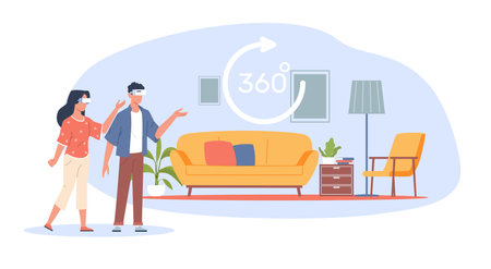 Concept of virtual real estate tour, married couple looking at an apartment to buy or rent. VR online service. Application for quick search for housing online vector cartoon flat illustrationのイラスト素材