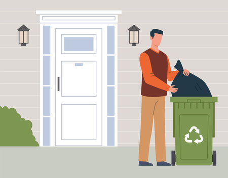 Man takes garbage and household waste to recycling bins. Black plastic bag for rubbish sorting. Green container. Environment care, zero waste. Vector cartoon flat ecological conceptのイラスト素材