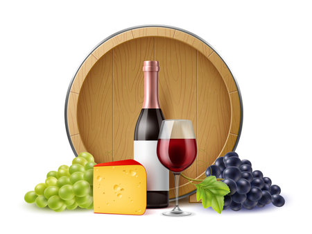 Realistic wine grape composition. Still life on wooden barrel background, noble alcoholic drink, grapes and snacks, cheese and berries, wineglass with beverage, utter vector isolated conceptのイラスト素材