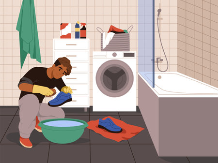 Shoes cleaning and care. Precise guy washes in water his shoes with shampoo in bathroom, sneaker care, cartoon flat style man with dirty things, contemporary interior, tidy vector conceptのイラスト素材