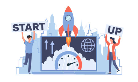 Starting new business project, startup innovation business. Huge laptop with rocket landing on device screen. Tiny man and woman. Cartoon flat illustration. Vector teamwork conceptのイラスト素材