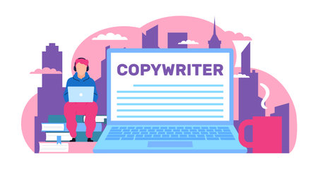 Copywriter working with laptop writing articles for blog. Huge computer and tiny man, modern freelance character. Creative profession. Cartoon flat style isolated illustration. Vector conceptのイラスト素材