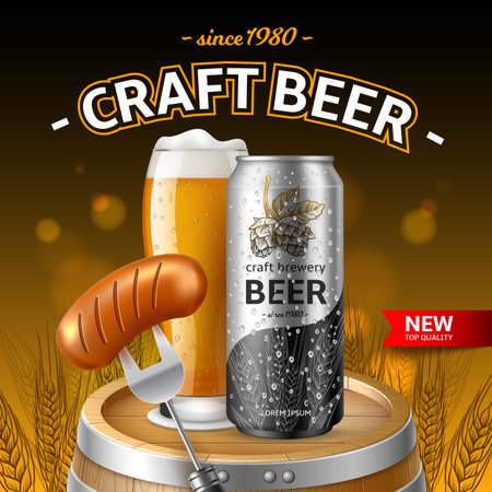Craft beer wooden barrel poster. Hops alcoholic drink, realistic 3d tin can and glass goblet with condensation drops, barbecue sausages, pub or bar promotional poster, utter vector conceptのイラスト素材