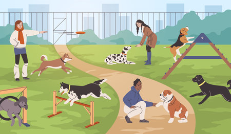 Dog training process. Owners walk their pets on dog playground with simulators, games with animals, outdoor activities, spring summer park background, tidy vector cartoon flat conceptのイラスト素材