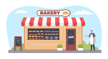 Facade of bakery building with sign. Open new cafe or shop. Happy male baker. Front view house facade with door, windows and signboard. Cartoon flat isolated illustration. Vector conceptのイラスト素材
