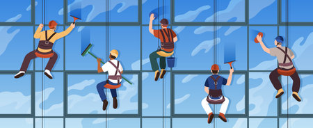 Industrial climbers. Cartoon professionals wash windows of skyscraper at height, safety cables, helmets and fasteners, alpinists hanging. Dangerous profession tidy vector cleaning service conceptのイラスト素材