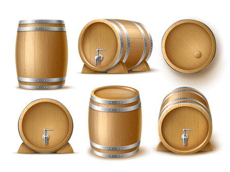 Realistic wooden barrels. 3d isolated alcohol containers, beer, wine and whiskey oak casks, cellar storage equipment different angles view, alcohol beverages storage utter vector setのイラスト素材