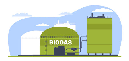 Biogas plant, green energy, alternative diesel. Environmental care, eco bio petroleum on gas station, renewable source, biofueling storage. Cartoon flat illustration. Vector conceptのイラスト素材