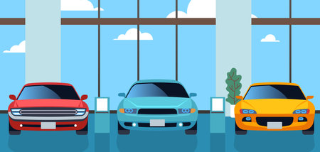 Car showroom with new modern cars. Automotive shop interior, cartoon flat style isolated illustration. Auto parking in line indoors, autos exhibition inside, dealer center. Vector conceptのイラスト素材