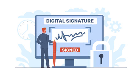Concept of digital signature, businessman signs an agreement or contract online. Man hold pen, document on computer screen, electronic technology cartoon flat isolated vector conceptのイラスト素材