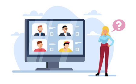 Girl browses men on dating site. Search people for romantic relationships. Huge computer screen with boys avatars on screen. Cartoon flat illustration. Vector relationships conceptのイラスト素材