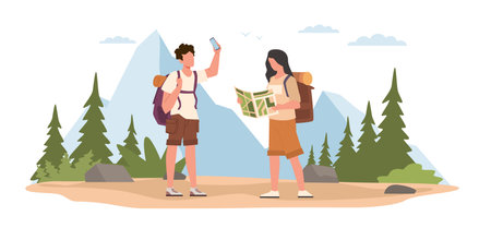 Guy and girl get lost in woods and search for directions with help of map and satellite navigation. Young tourists hiking in forest. Active lifestyle cartoon flat illustration. Vector conceptのイラスト素材