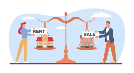 Man and woman choose between renting an apartment and buying house. Tiny people and huge scale. Real estate. Family choosing home. Rent or buy. Cartoon flat illustration. Vector conceptのイラスト素材