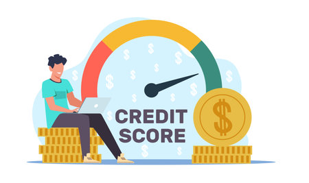 Man sits with laptop and checks credit history. Banking application, poor and good score on speedometer, consumer information, money report, cartoon flat illustration. Vector conceptのイラスト素材