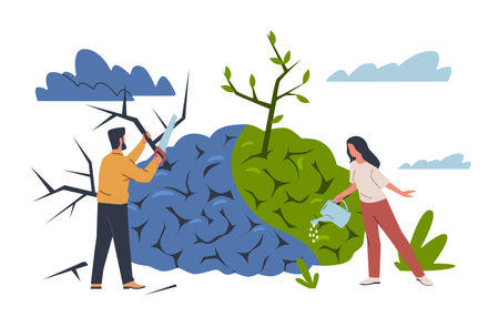 Mental health concept. Healing, brain development, positive mental activity resumption, happy emotions revival, soulful care, positive and negative thinking nowaday vector cartoon illustrationのイラスト素材
