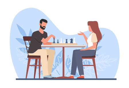 Pair of man and woman playing chess at table. Sport tournament, intelligence hobby, chessboard with figures. Smart young adult players, competitors vector cartoon flat conceptのイラスト素材