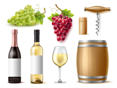 Realistic wine. Noble alcoholic beverage elements, juicy grape clusters, different varieties, corkscrew, cork and wooden barrel and wineglass, 3d isolated elements, utter vector setのイラスト素材