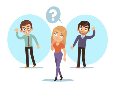 Woman thinks of two handsome men and tries to decide who she loves. Boy waving hand. Choose partner for romantic relationships. Dating app cartoon flat illustration. Vector conceptのイラスト素材