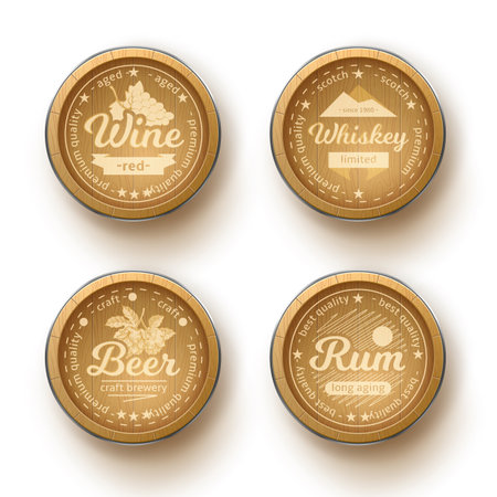 Wooden barrels tops emblems. Realistic oak round signs with alcoholic beverages inscriptions, different isolated oak bar decoration, wine and rum, beer and whiskey storage utter vector 3d setのイラスト素材