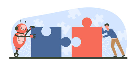 Collaboration between robot and man, worker and cyborg connect puzzle. Artificial intelligence and people teamwork, working together future technologies cartoon flat illustration. Vector conceptのイラスト素材