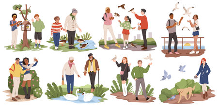 People feed birds. Happy men, women and children give grains and crumbs sparrows and tit, ducks on lake and seagulls, help animals, support urban fauna, cartoon flat tidy vector setのイラスト素材