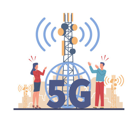 People panic, fear for their health because of radiation from cellular 5g, network towers. Conspiracy theory. dangerous broadcasting tower. Cartoon flat isolated illustration. Vector conceptのイラスト素材