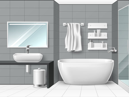 Realistic bathroom interior. 3d minimal wet room design, ceramic tiles, white porcelain sink and bathtub, wall mirror, wc clean isolated icons, lavatory hygienic elements, utter vector conceptのイラスト素材